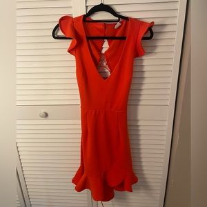 Selfie leslie red, plunging neckline open back tie dress